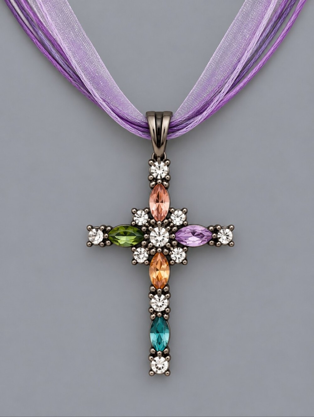 3/$30 Gunmetal Rhinestone Cross Pendant Lavendar Ribbon Princess Necklace